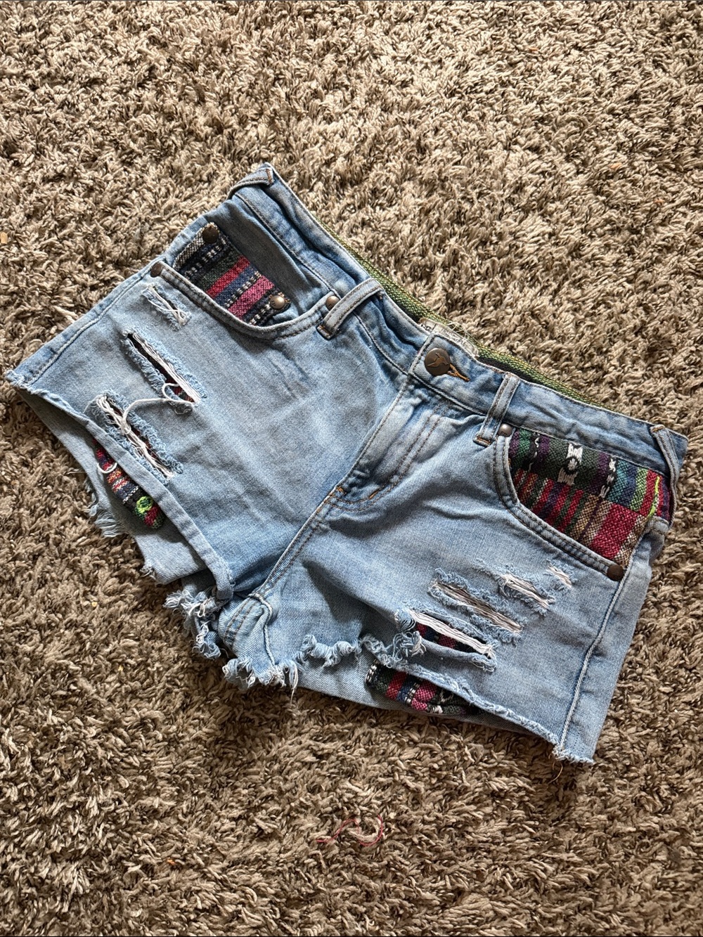 Free People Light Blue Distressed Denim Shorts with Multicolor Tribal Insets